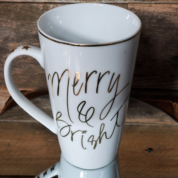 Prima Design Merry & Bright Latte Mug - White Glazed Ceramic - Gold Trim - Picture 4 of 6